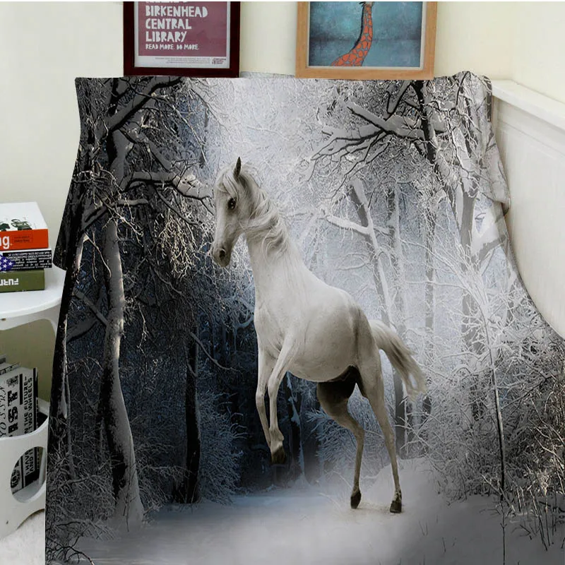 Super Soft Blankets Comfort Plush Machine Wash White Horse Running On