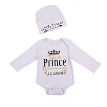 Принц для новорожденных, детская одежда для маленьких мальчиков с длинными рукавами буква принт комбинезон и шапочка; одежда для детей от 0 до 24 месяцев
