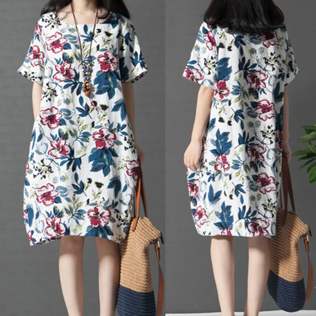 

Women's Dresses Autumn Spring Dress For Women Plus Size Women's Casual Short Sleeve O-Neck Print Cotton Dress With Pockets