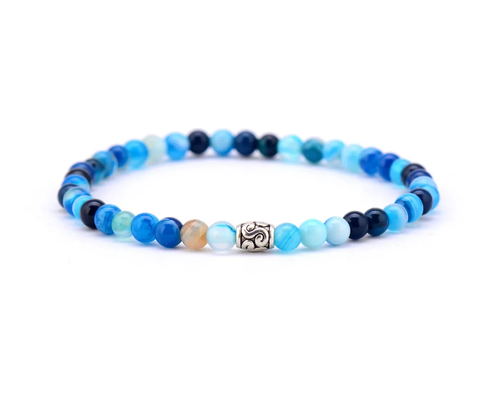 

Yoga Bracelet 4MM Blue Onyx Antique Tibetan Charm Elastic Bracelets Stretch Beaded Boho Inspirational Bracelets for Women