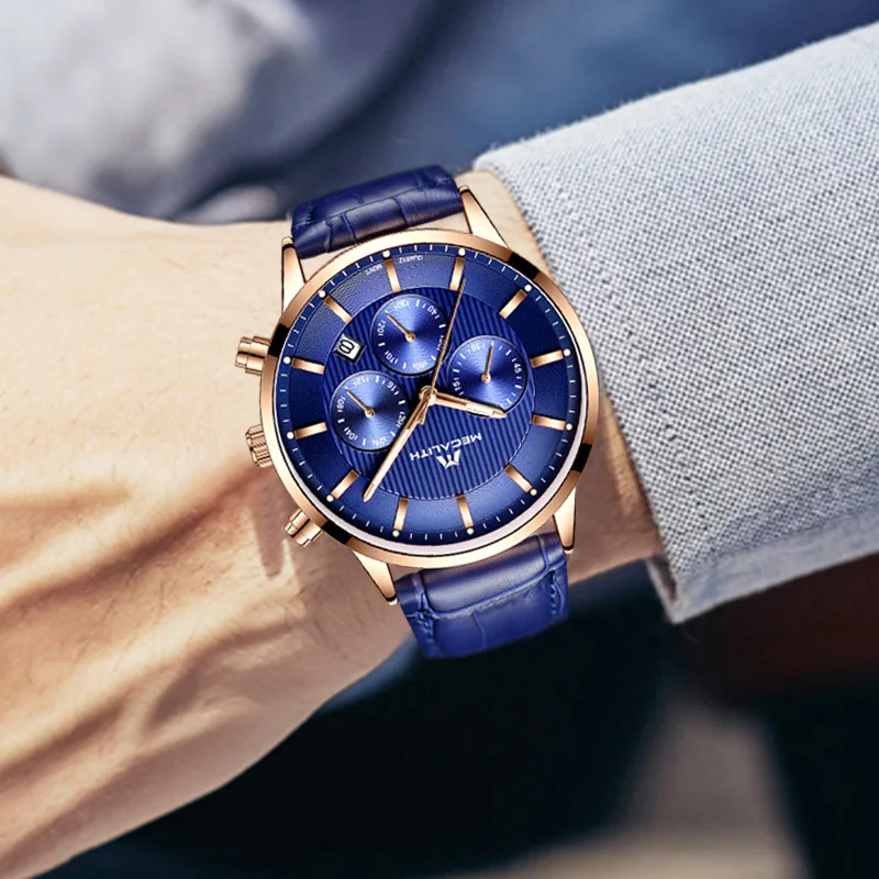 Mens Watches MEGALITH Luxury Brand Waterproof Sport Date Analogue Quartz Watches Male Clock Genuine Leather Strap Wrist Watches