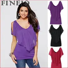 FINEJO Feminina T-Shirt Summer 2019 Casual Lady Blouse Shirt Women's Chiffon Short Bat Sleeve Stylish Patchwork Fashion Slim Top chiffon patchwork short sleeve blouse