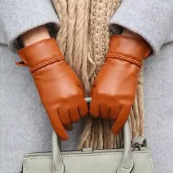 Последние 2019 женщина овчины перчатки из натуральной кожи плюс бархат утолщаются теплые зимние кожаные перчатки для вождения женские