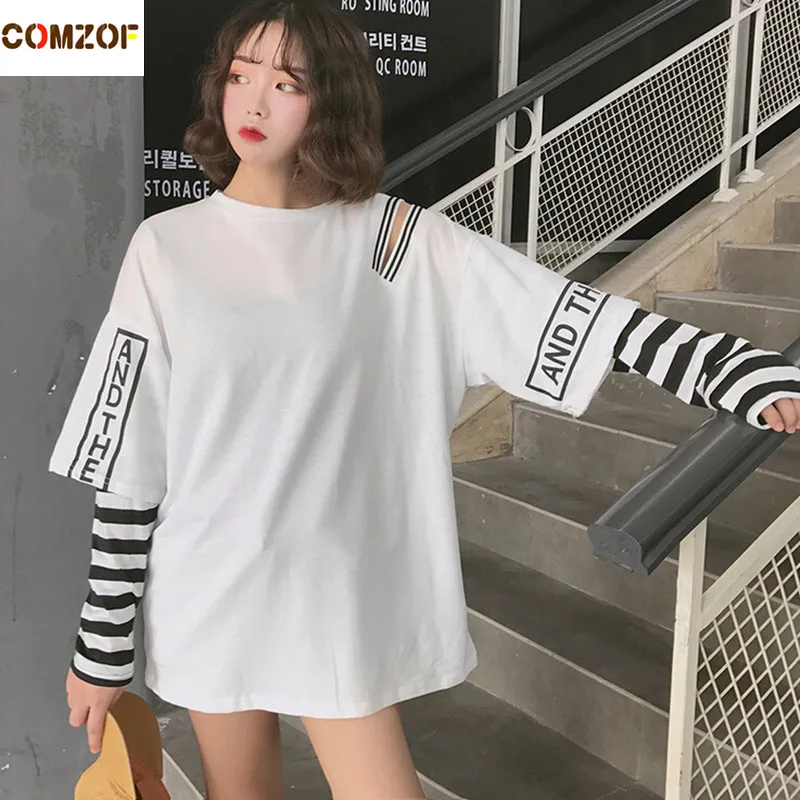Cena Kobiety koreański moda ponadgabarytowa koszulka z długim rękawem hip hop punk streetwear dziewczyny fałszywe dwa kawałki koszulki off shoulder tops