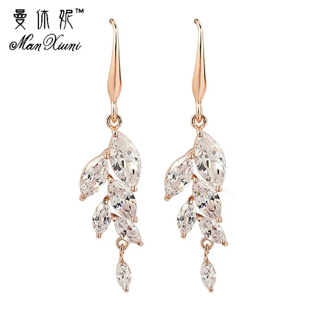 Cute Drop Long Earring Gold Colored Cubic Zirconia Leaf Dangle Cute Drop Long Earring Gold Colored Cubic Zirconia Leaf Dangle Earrings Summer Style Fine Jewelry