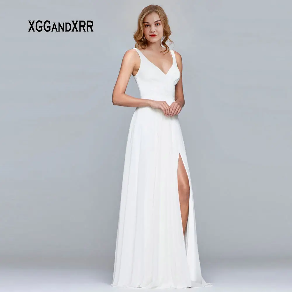 

On Sale Simple Chiffon Prom Dress 2019 White Long Evening Dresses Sexy V Neck Backless Floor Length Pleats Side Slit Party Gown
