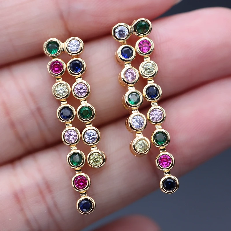 

Multicolored Round Ear Line Long Dangle Drop Earrings colorful rainbow zirconia circle Bohemia gold color earring Women jewelry