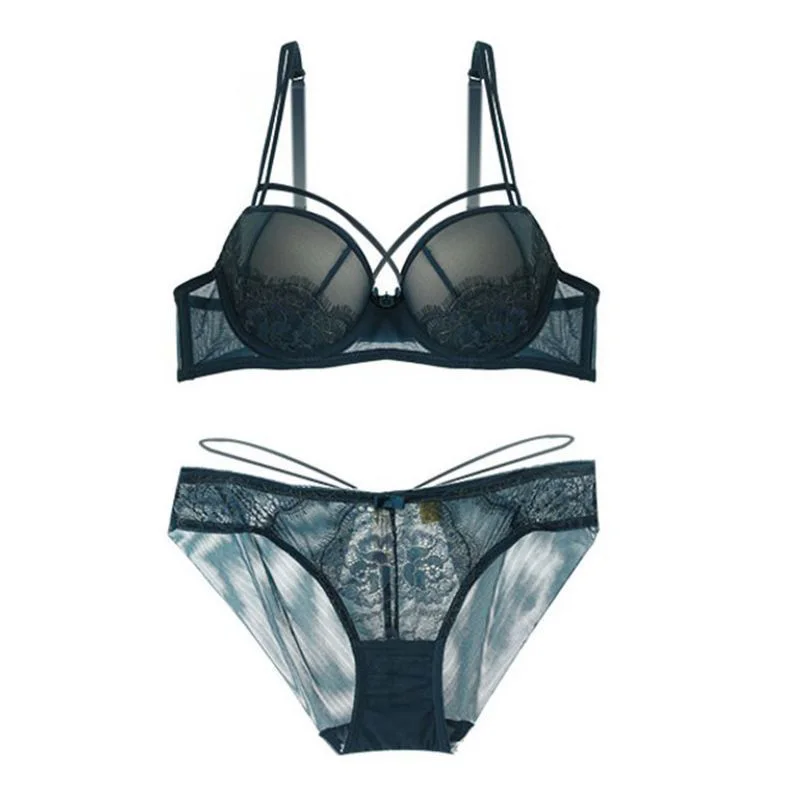 

Sanderala Women Sexy Underwear Push Up Set Cotton Brassiere Deep V Black Lace Bra and Panty Sets Embroidery Women Lingerie Set