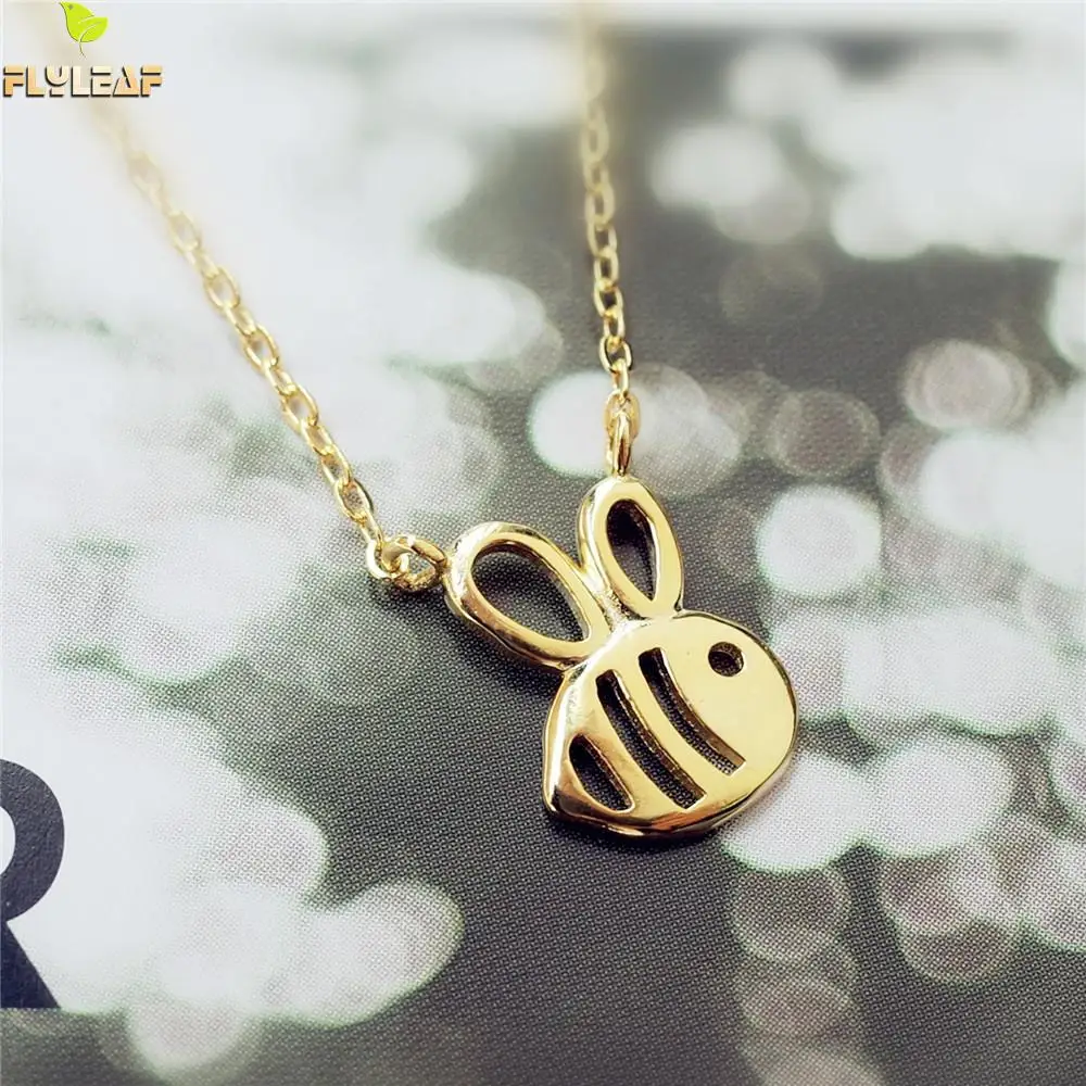 

Flyleaf Brand 100% 925 Sterling Silver Gold Color Bees Necklaces & Pendants For Women Cute Style Lady Creative Jewelry