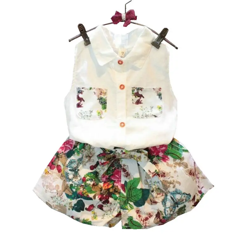 

Summer Baby Girls Clothing Set Sleeveless Blouse+ Floral Pants 2pcs/set Kids Cotton Clothes Set 2-8 Years KF990