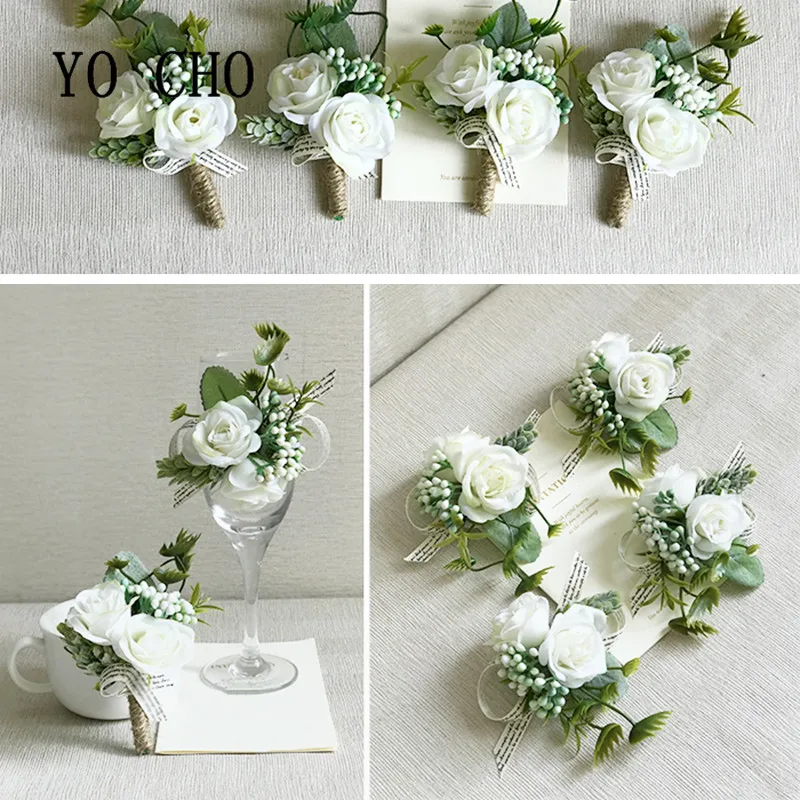 YO CHO Свадебные наручные цветы подружки невесты белые шелковые розы корсажи ручной цветок искусственные цветы для свадебного украшения вечерние