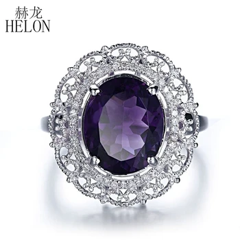 

HELON Filigree Halo 11x9mm Oval Shape 3.4ct Amethyst Engagement Wedding Ring Pave Natural Diamonds Jewelry Ring 14K White Gold