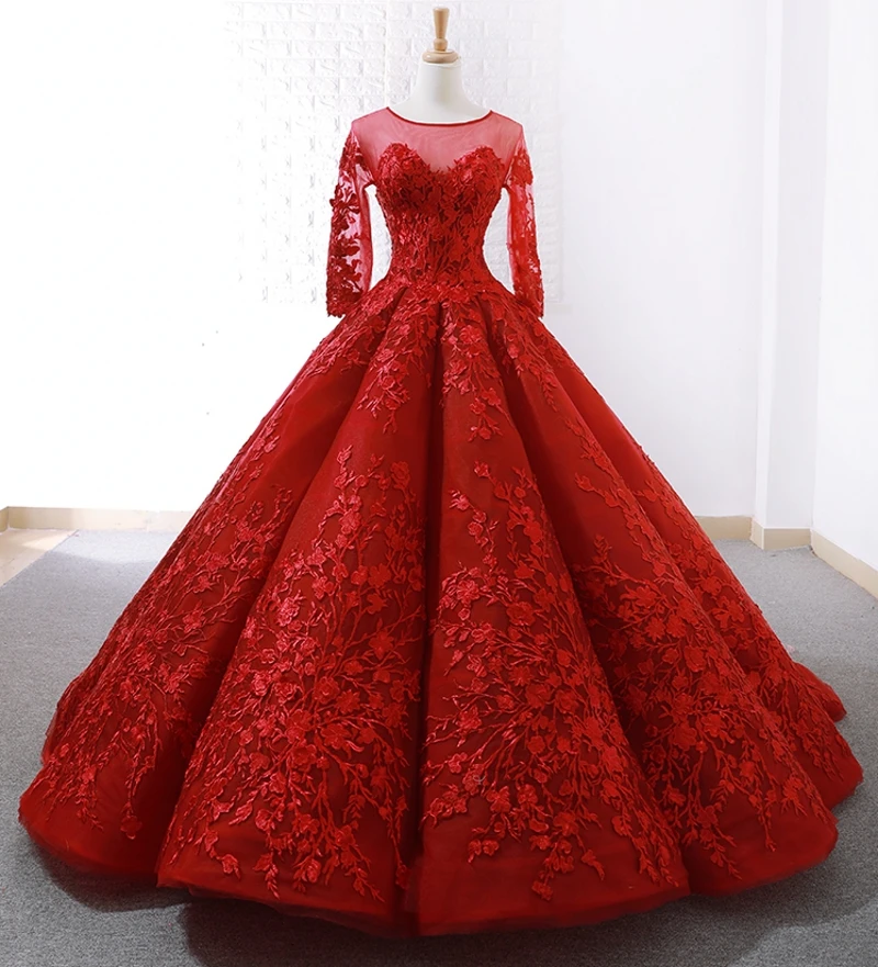 

Vestidos De Noiva Bride Dress 2019 Ball Gown Princess Lace Muslim Wedding Dress Long Sleeve Vintage Red Wedding Dress