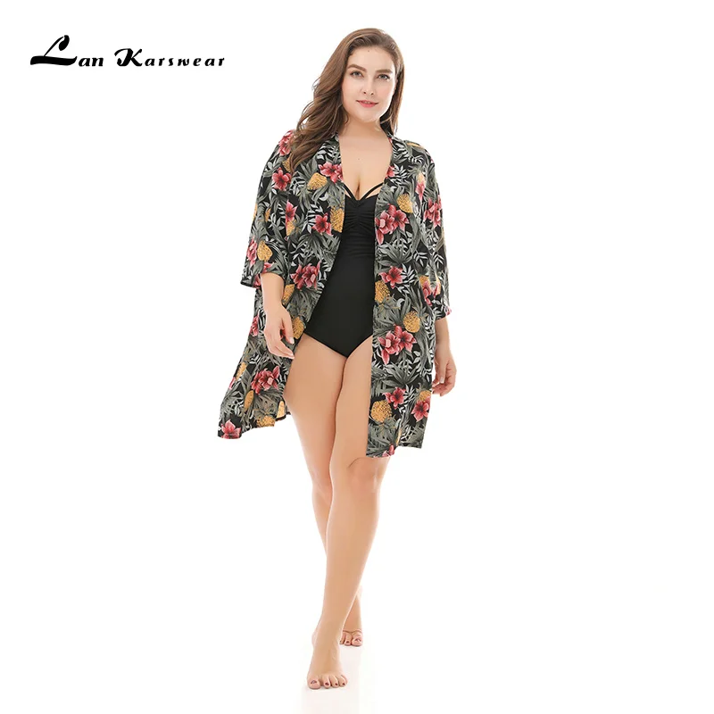 

Lan Karswear xxxl summer Long cardigan Solid Color Perspective Large Size Print Beach Floral chiffon sunscreen Clothes