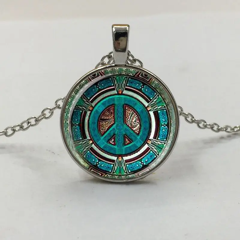 

1Pcs Hippie Peace Sign Glass Dome Pendant Necklace DIY Handmade Fashion Jewelry Vintage Charm Trendy Gift for Men Women gift