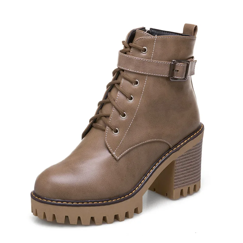 WETKISS/большой размер 44; женские ботильоны на высоком каблуке; обувь на шнуровке с круглым носком; женские мотоциклетные ботинки; обувь на платформе; женская зимняя обувь - Цвет: khaki