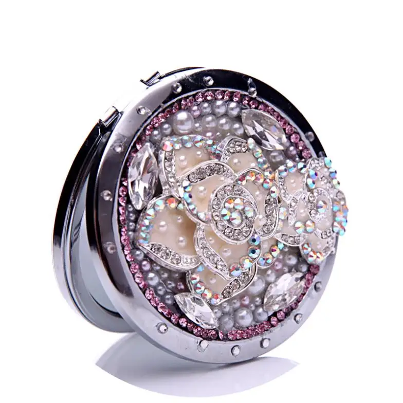10Pcs/Lot Elegant Rhinestone camellias Make Up Mirror Stainless Steel Frame Double Sided Enlarge Mini Compact Wholesale | Красота и