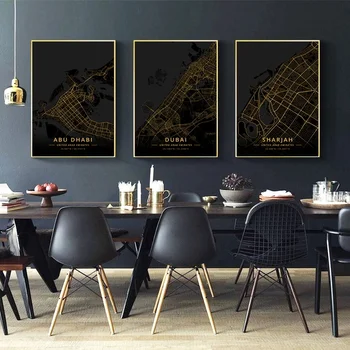 

Dubai Sharjah Abu Dhabi UAE City Map Gold Map Canvas Art Print Wall Pictures for Living Room No Frame