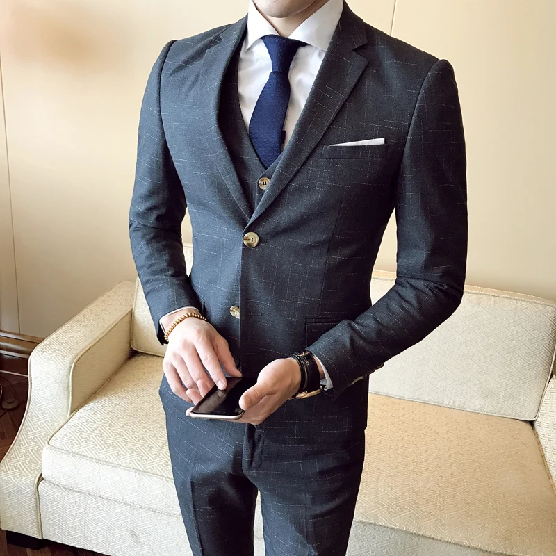 ( Jacket + Vest + Pants ) 2019 New Fashion Boutique Men's Plaid Formal Business Suit 3 Piece Set / Men's High-end Casual Suits