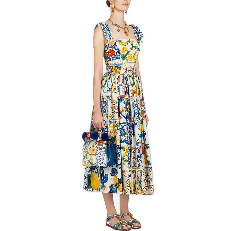 

Summer Starp Runway Pleated Long Dresses 2019 Women High Quality Fashion Floral Print Bohemian Party Dresses Vestidos Robe Femme