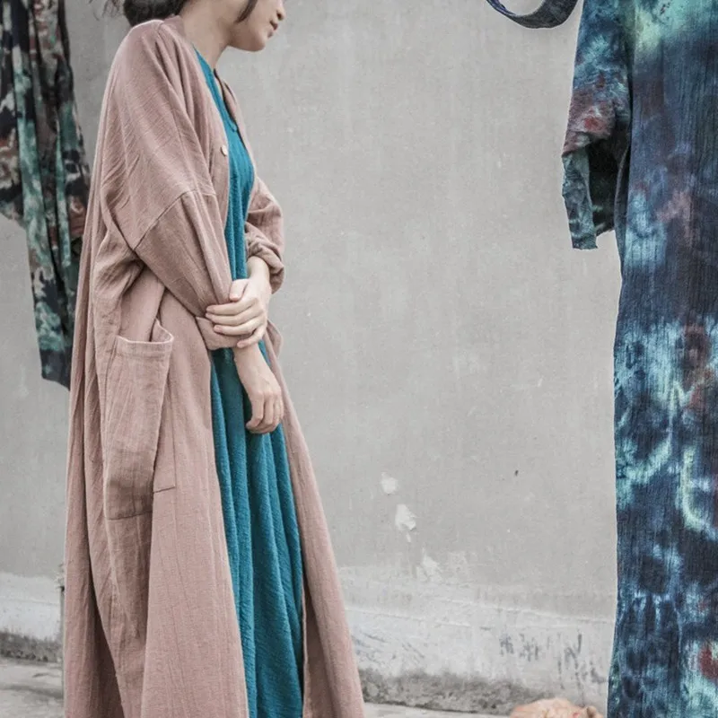 

Vintage Original Ethnic Treach Cardigan Chinese Solid Full Sleeve Cotton Linen Women Maxi Long Outwear Causal Femme Plus Size