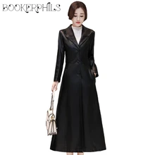 Autumn Winter Faux Sheepskin Coat Women's Leather Jacket X-Long Plus Size Female Outerwear Fashion Slim Women Trench Coat M-4XL floral trench coat women autumn and winter fashion runway plus size vintage royal embroidery lady woolen overcoat female m 4xl