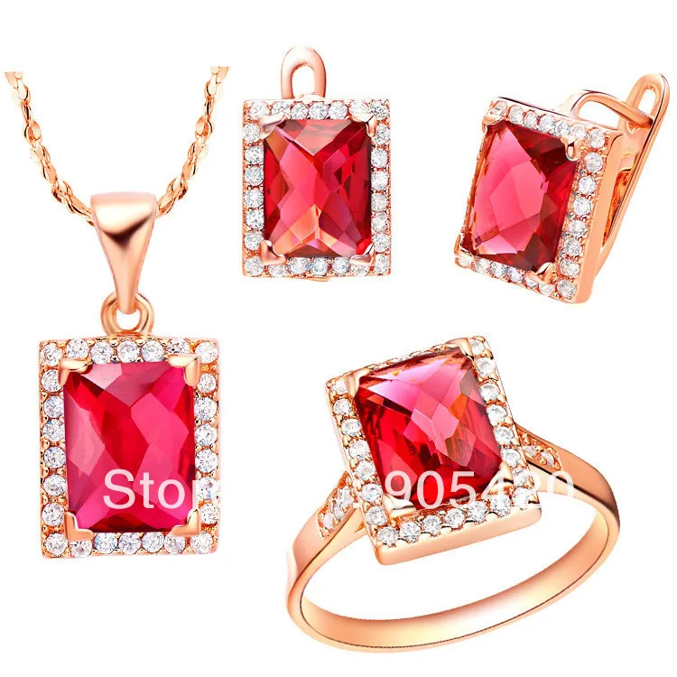 

OMH wholesale fashion 925 silver purple&red&blue crystal square shape Women girls gift Necklace + Earrings+Ring Jewelry setsTZ57