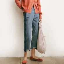 Джинсы для женщин; сезон лето-осень; Прямые длинные брюки с дырками на лодыжке; синие хлопковые джинсовые брюки с 4 карманами для девочек; A768