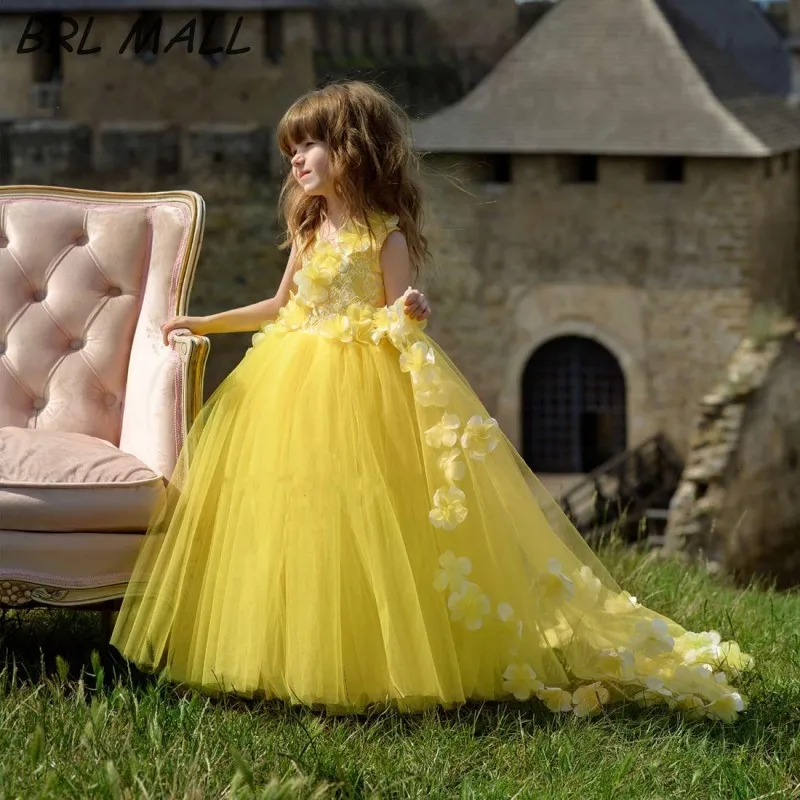 Симпатичные Яркий желтый для девочек в цветочек платья с 3D Цветы бальное платье для девочек Нарядные платья Тюль этаж Длина vestido de daminha