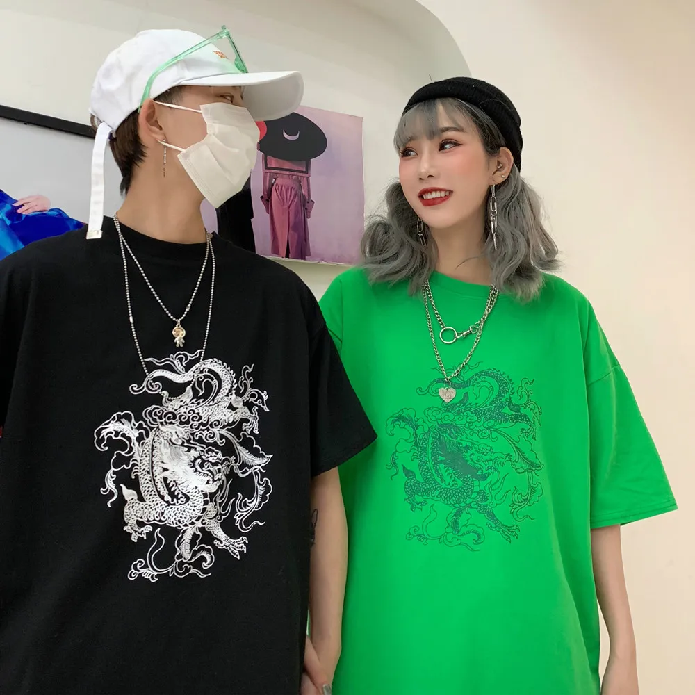 Neploe Винтажная с драконом Печать Свободный Топ Футболка Harajuku уличный короткими