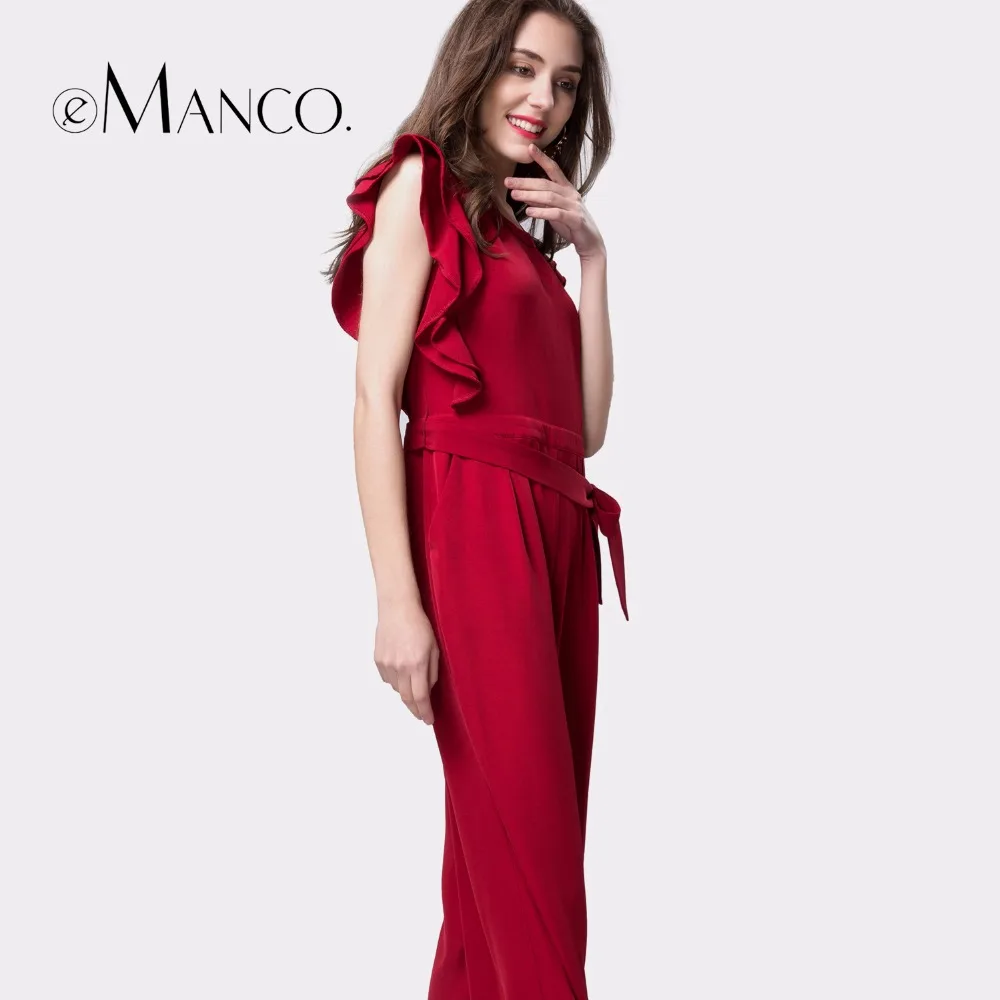 e-Manco Wide leg Elegant Long red jumpsuit Overalls for women Fashion Petal sleeve O-Neck Loose Solid Full-Length Women set