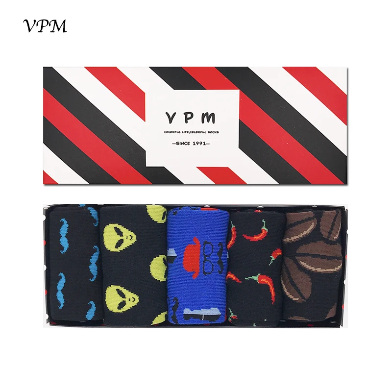 

VPM Big Size Men's Cotton Socks Black Alien Coffee Chili Moustache Funny Happy Harajuku Hip Hop for Men Gift Box 5 Pairs/Lot