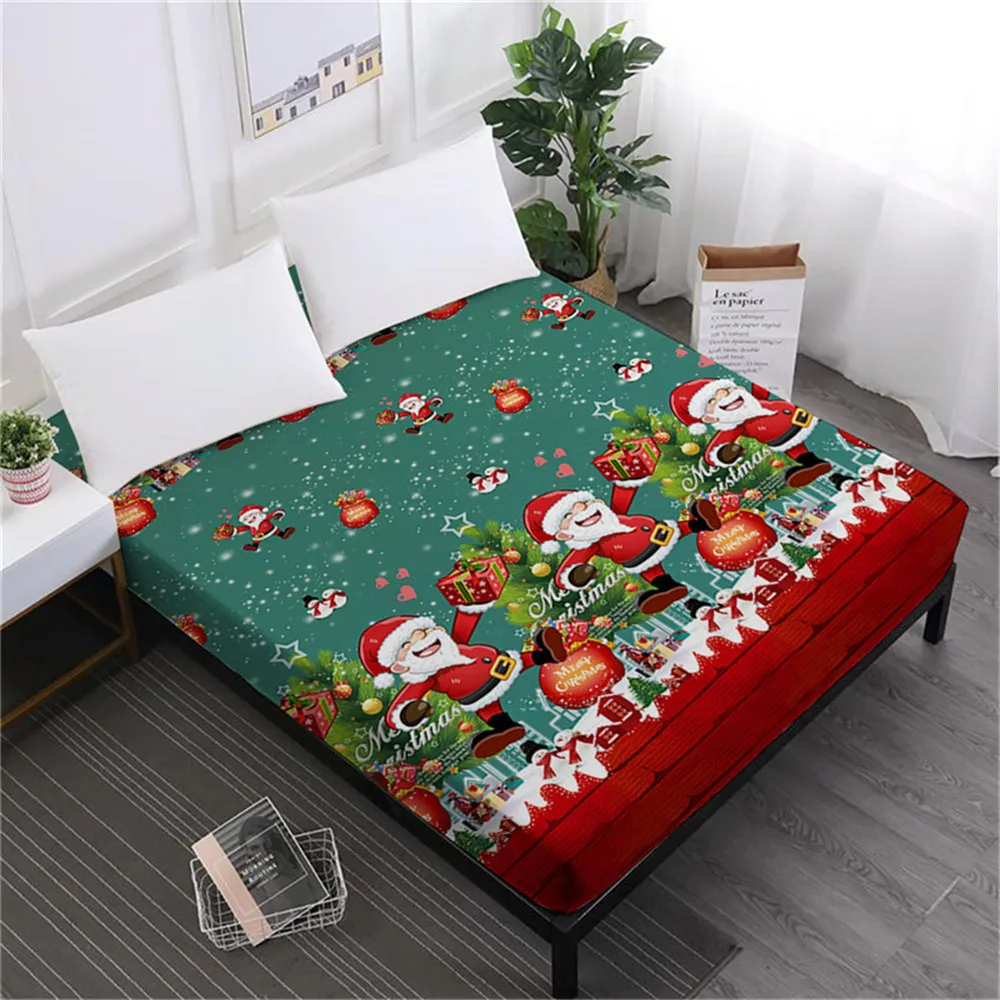  Home Textile Green Christmas Bed Sheet Cute Santa Claus Print Fitted Sheet Cartoon Festival Bedclot