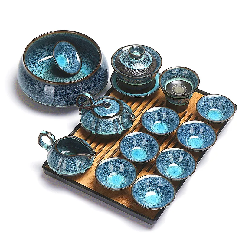 Chinese Kung Fu tea set blue amber glaze Ceramic cover bowl teapot tea