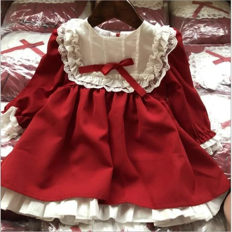 Robe rouge en dentelle pour petites filles | Vêtements d'automne de princesse de noël, vintage, manches longues, rétro, pour enfants