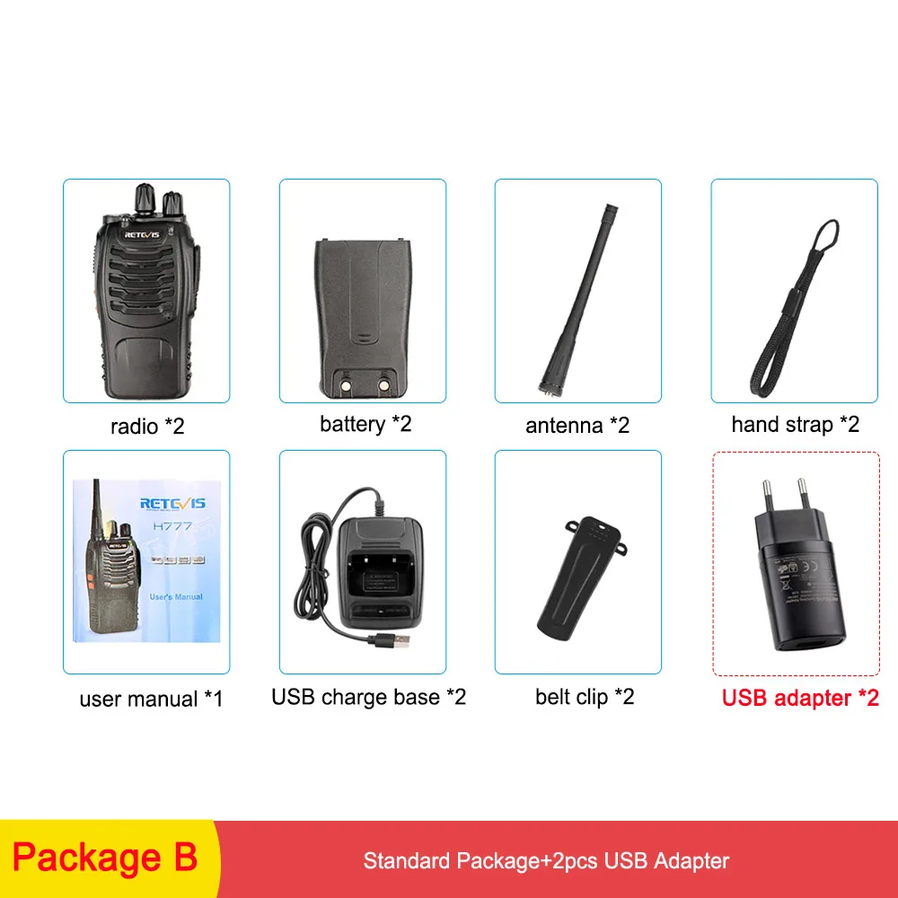 Package B 2 шт. RETEVIS H777 Walkie Talkie 3 Вт УВЧ двухсторонняя радиостанция приемопередатчик двухстороннее радио-коммуникатор зарядка через usb рация - Цвет: Package B