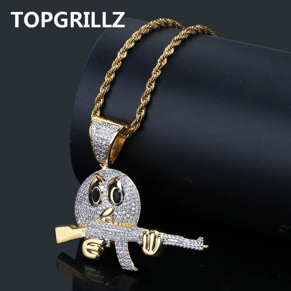 

TOPGRILLZ Emoji Face Character With Gun Pendant Necklaces Charms For Men Gold Color Cubic Zircon Hip Hop Jewelry Necklace Gifts