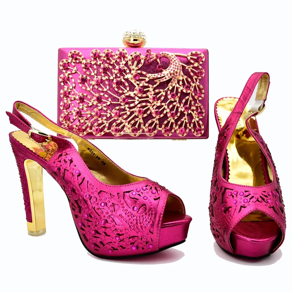 

2018 New fashion shoes and bag set fushia hot pink with many rhinestones free shipping shoes bag set peacock shoe bag SB8277-4