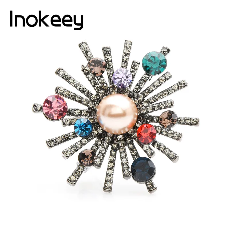 

Inokeey Multicolor Rhinestones Simulated-Pearl Sun Flower Brooches Pins Women Bouquet Wedding Jewelry Accessories Gift