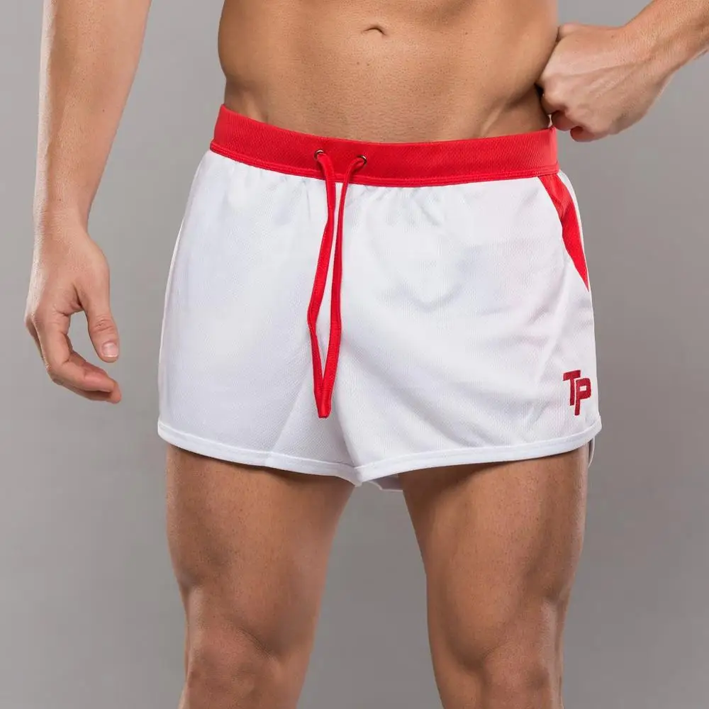 Мужские спортивные шорты для бега, фитнеса, бодибилдинга, спортивные штаны, мужские профессиональные Тренировочные Короткие штаны, пляжные шорты - Цвет: Red-white