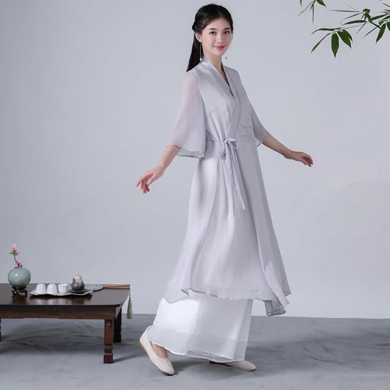 Весенне осеннее платье Hanfu с поясом женское хлопковое льняное шифоновое