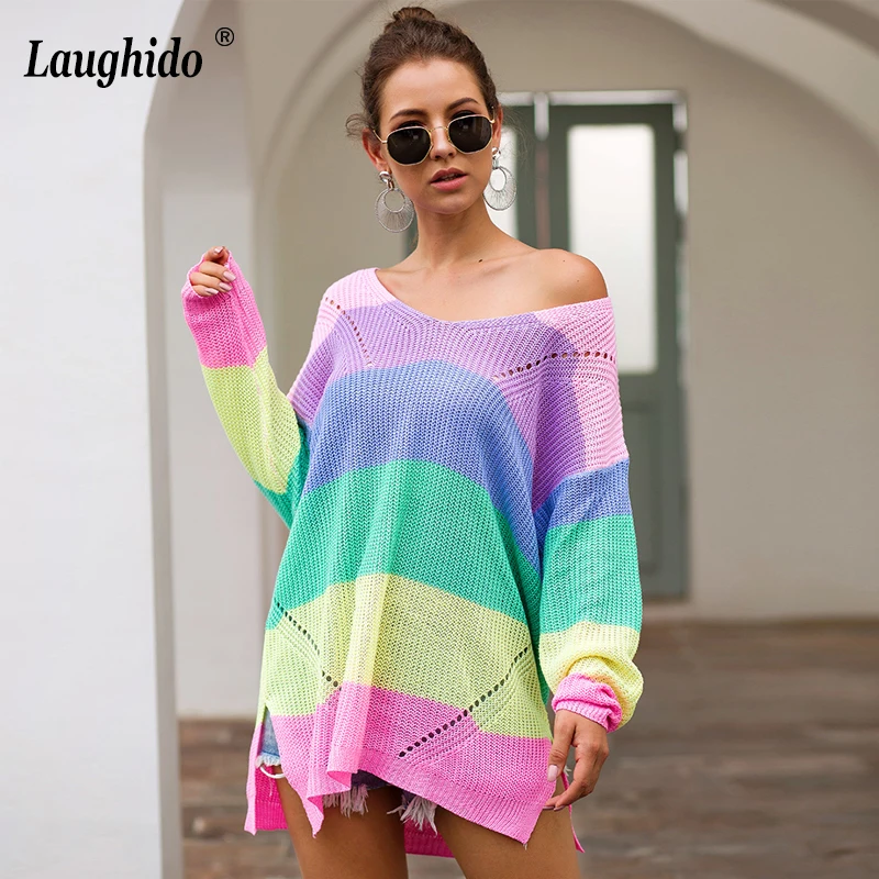 

Laughido Autumn Winter Long Sleeve Sweaters Women Split Pullovers Jumpers Female Knitted Loose Chic Rainbow Patchwork Sweaters