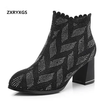 

Noble and Elegant Rhinestone Matte Cowhide Leather Boots Women Fashion Shoes 2019 Autumn Winter Pointed High Heels Snow Boots