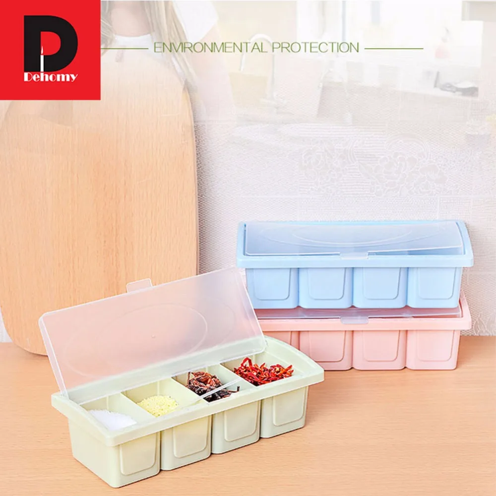 Dehomy Home Kitchen Four Grid Condiment Box Spice Box Kit With Spoon Creative Kitchen Seasoning