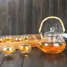 Элегантный стеклянный чайный набор, жаростойкий, с бамбуковой ручкой, чайный горшок с чашками, поднос, чайник, грелка, домашний чайный подарочный набор, Настольная посуда