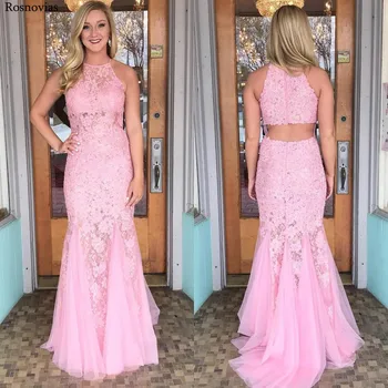 

Pink Full Lace Mermaid Prom Dresses 2019 Halter Zipper Back Open Waist Appliques Party Evening Gowns Vestido De Fiesta Customize