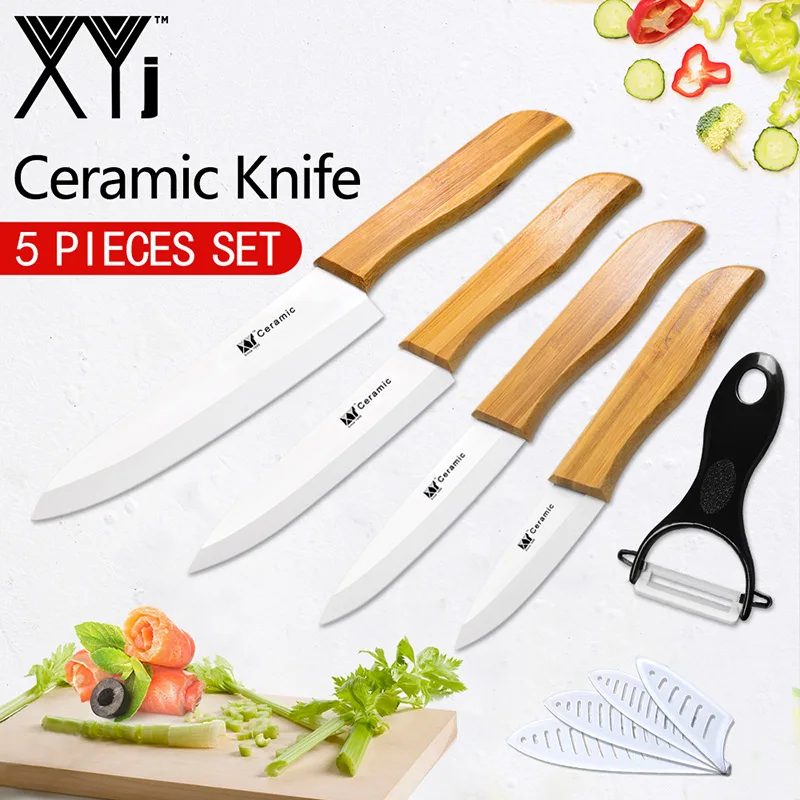 XYj набор кухонных ножей с бамбуковой ручкой, набор керамических ножей с черно-белым лезвием, кухонные инструменты, аксессуары " 4" " 6" дюймов+ Чехлы - Цвет: Белый