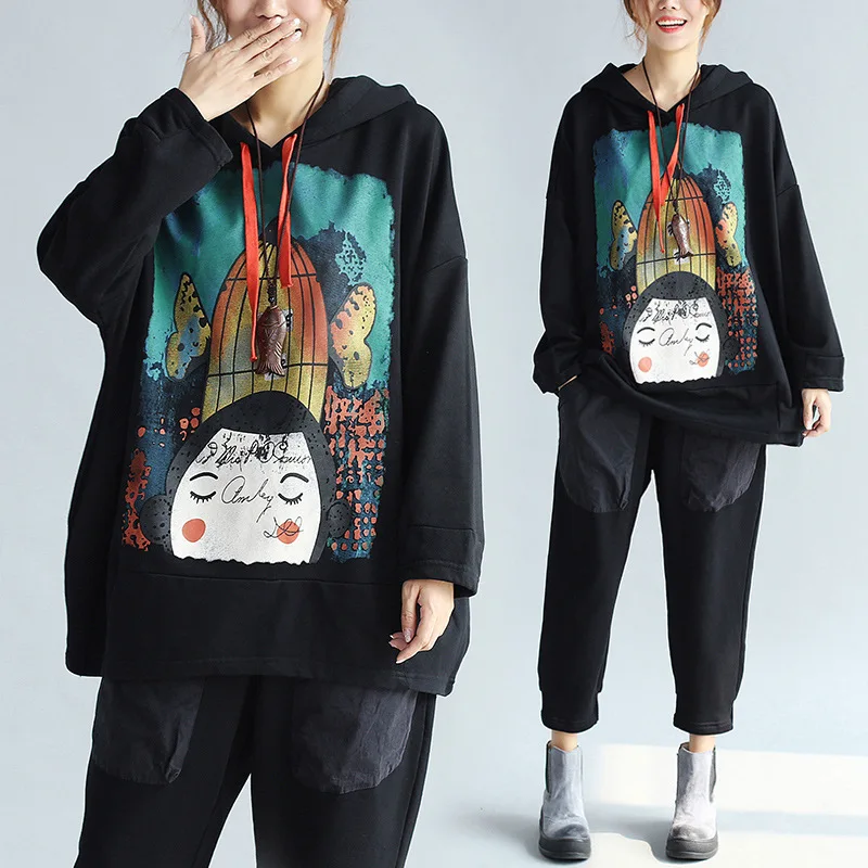 

Autumn dress new Korean large size women's wear pure cotton wool ring guard jacket printed blouse sweatshirt oversized hoodie