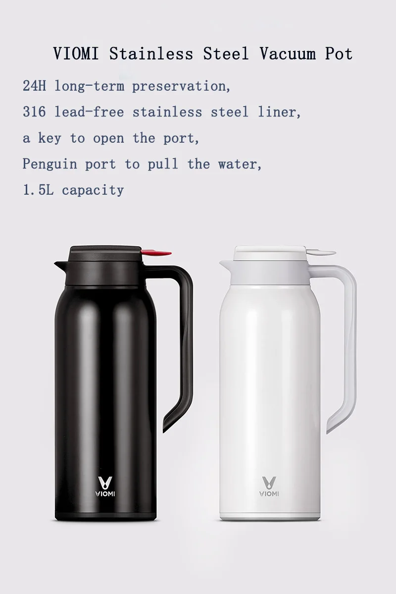 Оригинальная Xiaomi стальная Вакуумная чашка VIOMI Термокружка 1.5L нержавеющая 24 часа колба чайник для воды для ребенка для умного дома