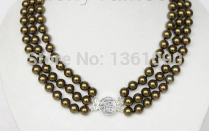 

000497 16" 3row 8mm round dark green sea shell pearls necklace 925 silver clasp
